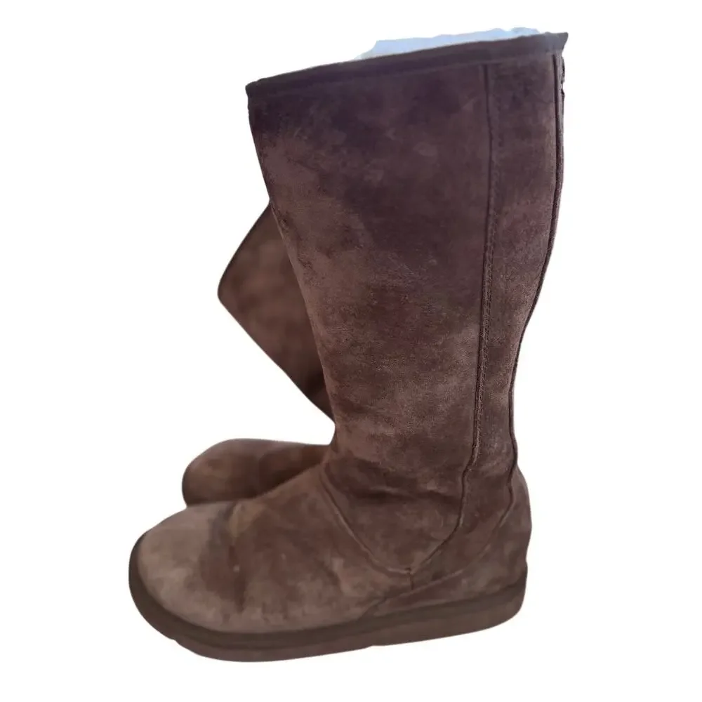 Vintage Y2K Tall Knightsbridge Brown Below Knee Suede Shearling Back Zip Boots